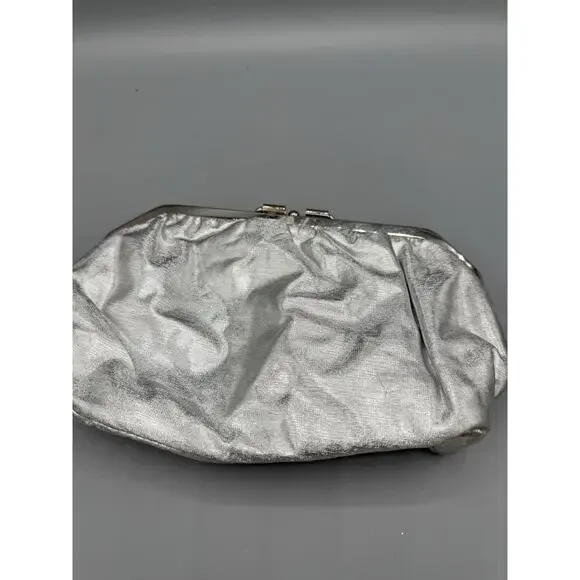 Vintage Silver Metallic Ruched Kiss Lock Clutch Purse Evening Bag ~ 11” - Picture 2 of 6